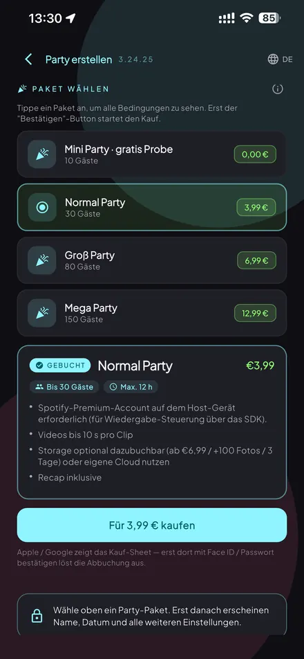 PartySpot — Pick a package