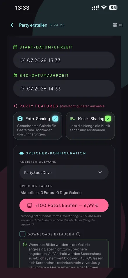 PartySpot — Features & storage
