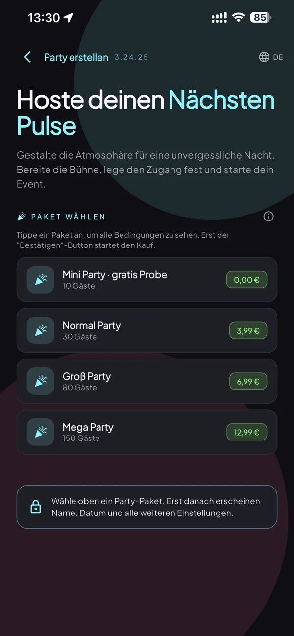 PartySpot in-app package selection with prices