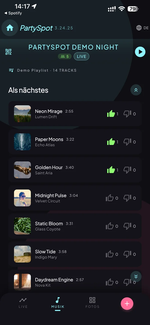 PartySpot music screen: songs with guest thumbs-up voting
