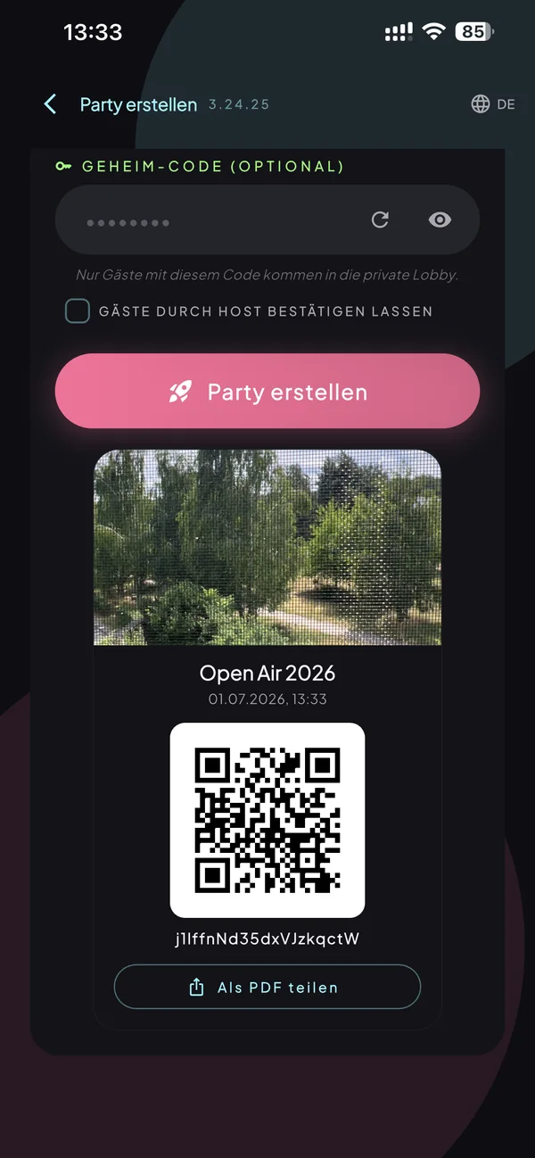 PartySpot: finished party with a QR code and secret code to share